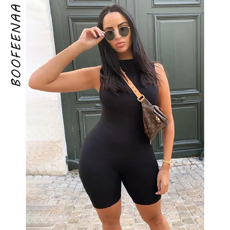 Boofeenaa sexig svart ärmlös biker shorts rompers kvinna Jumpsuit Summer 2020 One Piece Playsuit Bodycon Tracksuit C87-I92 T200701