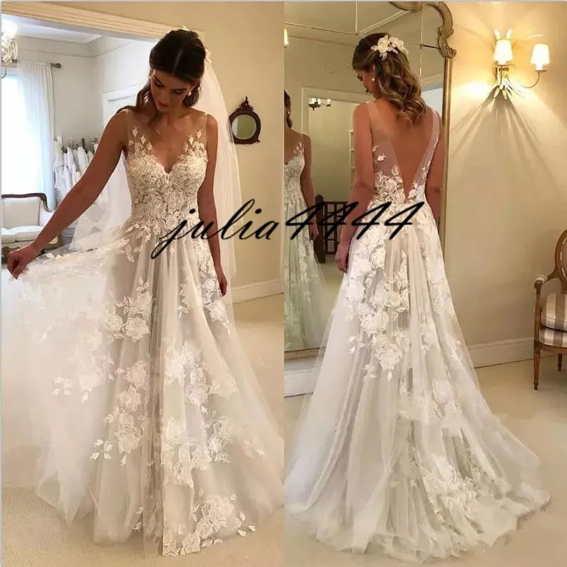 Sexy Wedding Dresses 2019 New With A-line Long V Neck Party Gowns Open Back Appliques Vestido De Noiva Vestido De Novia Fotos Reales