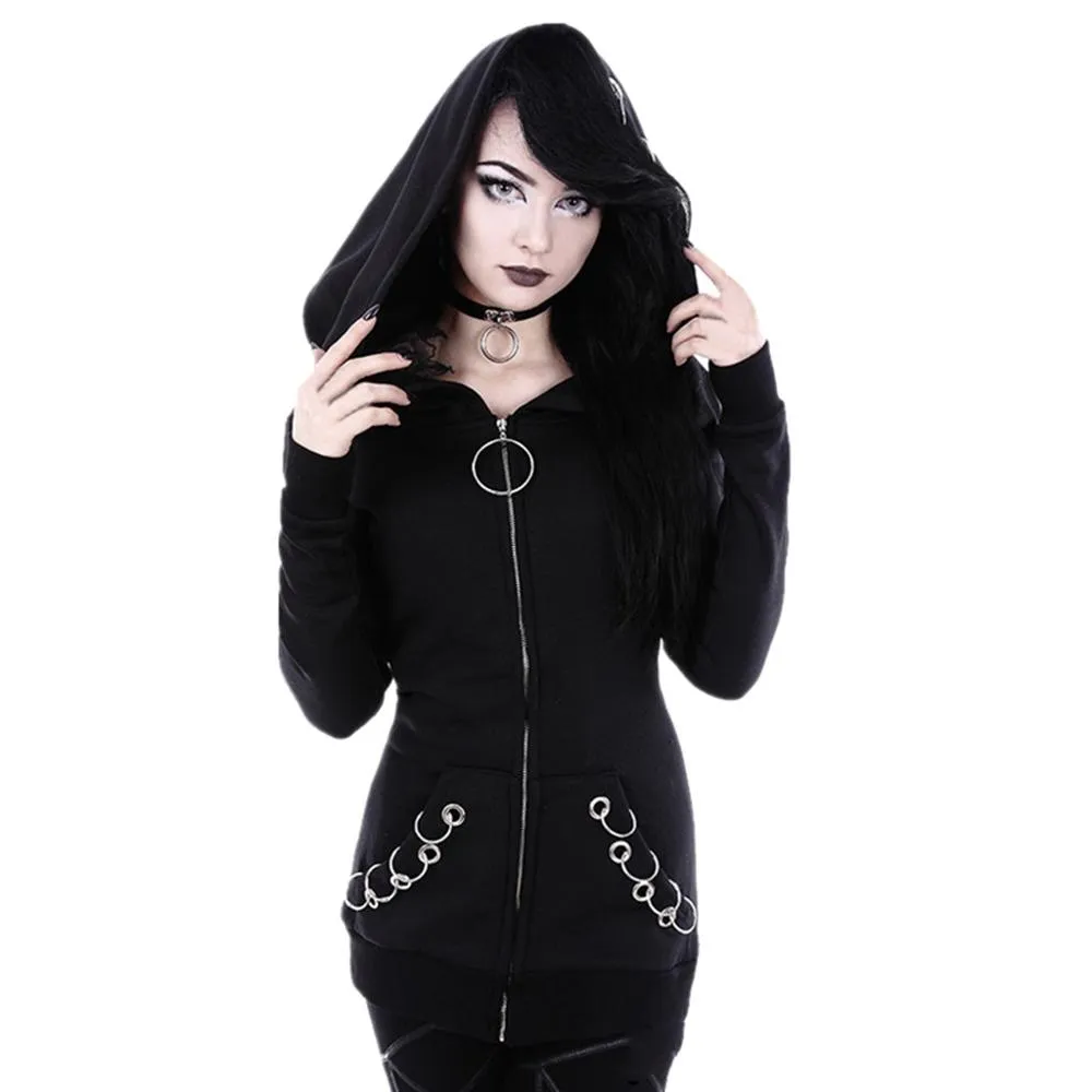 Women's Jackets Women Coat Large Size Gothic Punk Style Long Sleeve Hooded Black Iron Ring Accessories Cardigan Mujer W #