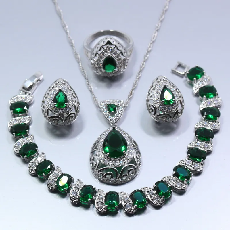 Gota da água 4PCS Conjunto de jóias 925 Sterling Silver Green Zircon Anel Brincos Colar Pingente Pulseira For Women Gift Box Z119