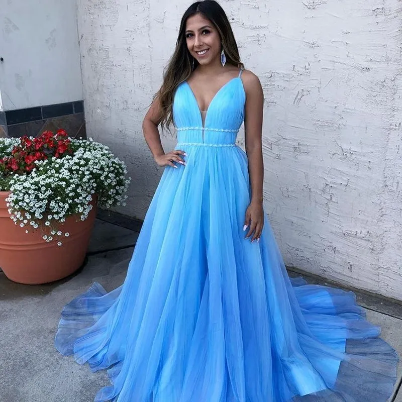 Light Sky Blue Prom Dresses Ruffles V Neck 2019 Fashion Simple Women Party Gowns Sweep Train Custom Made Formal Evening Dresses