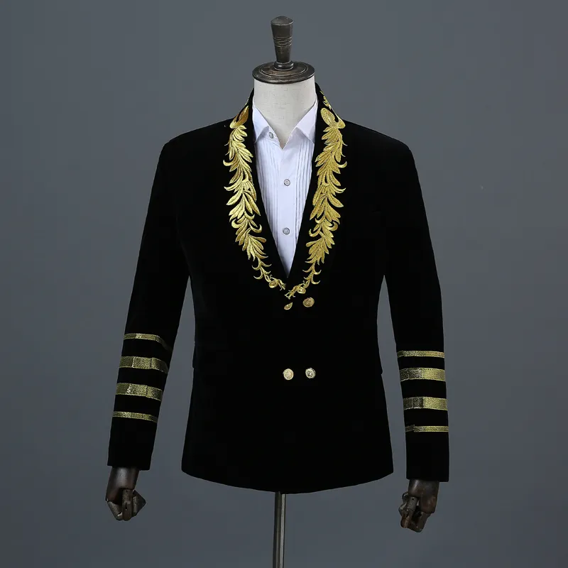 Veste de costume en velours à Double boutonnage pour hommes, broderie dorée, flambant neuf, col châle, Style militaire, Blazer de scène de fête masculin