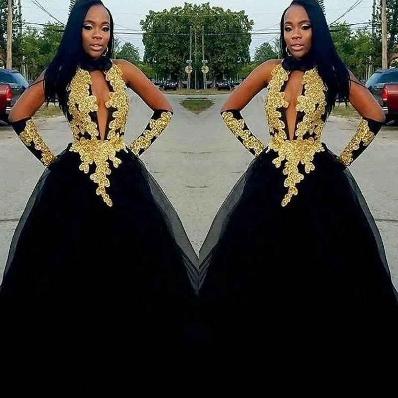 Nytt mode sexig hög nacke afrikansk sjöjungfru prom klänningar guld spet applikationer formell klänning kväll klänning tulle party klänning vestido de festa