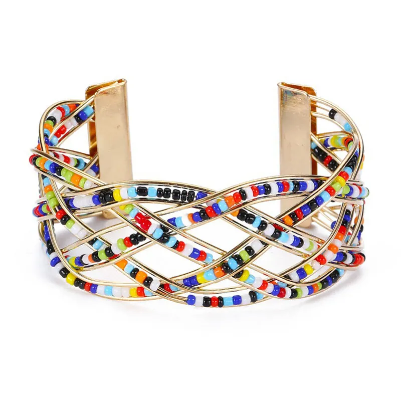 New Boho Charm Braided Multicolor Bead Cuff Bracelets 35mm Wide Bangle For Women 18K Gold Plated Beaded Jewelry