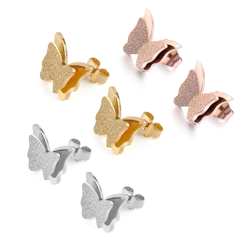 European American Moda Gold 3D Borboleta Titanium Stud Brinco De Luxo Designer De Aço Inoxidável Aço Inoxidável Matte Borboleta Animal Jóias