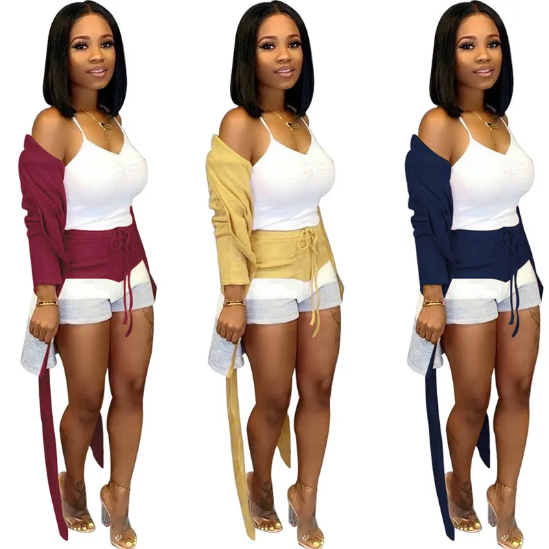 Mulheres camisola de duas peças set manga longa bandage cardigan com painéis de mini shorts designer de moda verão queda de roupas moda casual terno 1361