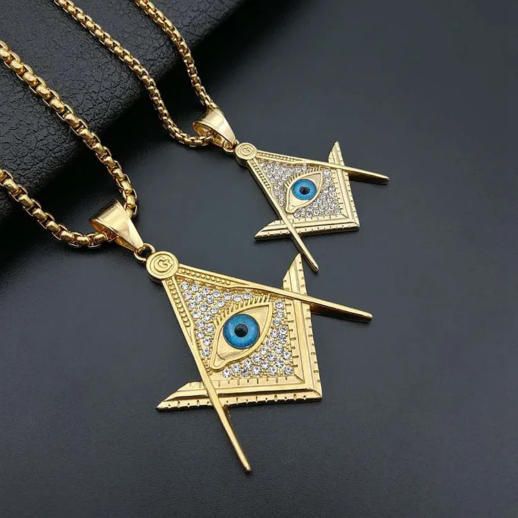 Hip Hop Gold Stainless Steel Freemason Masonic Pendant Blue Evil Eye Crystals Mason Masonry Necklace Pendant Jewelry For Men Women Couples