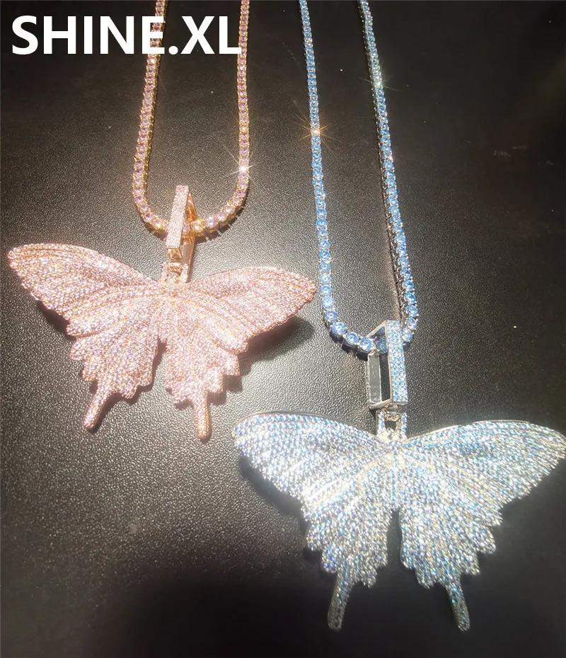 セール キューバチェーンテニスチェーンメンズヒップホップブリンジュエリーギフトが付いているピンクのジルコン動物の大きな蝶のペンダントのネックレス 人気もの Agroconserg Achic Com Pe