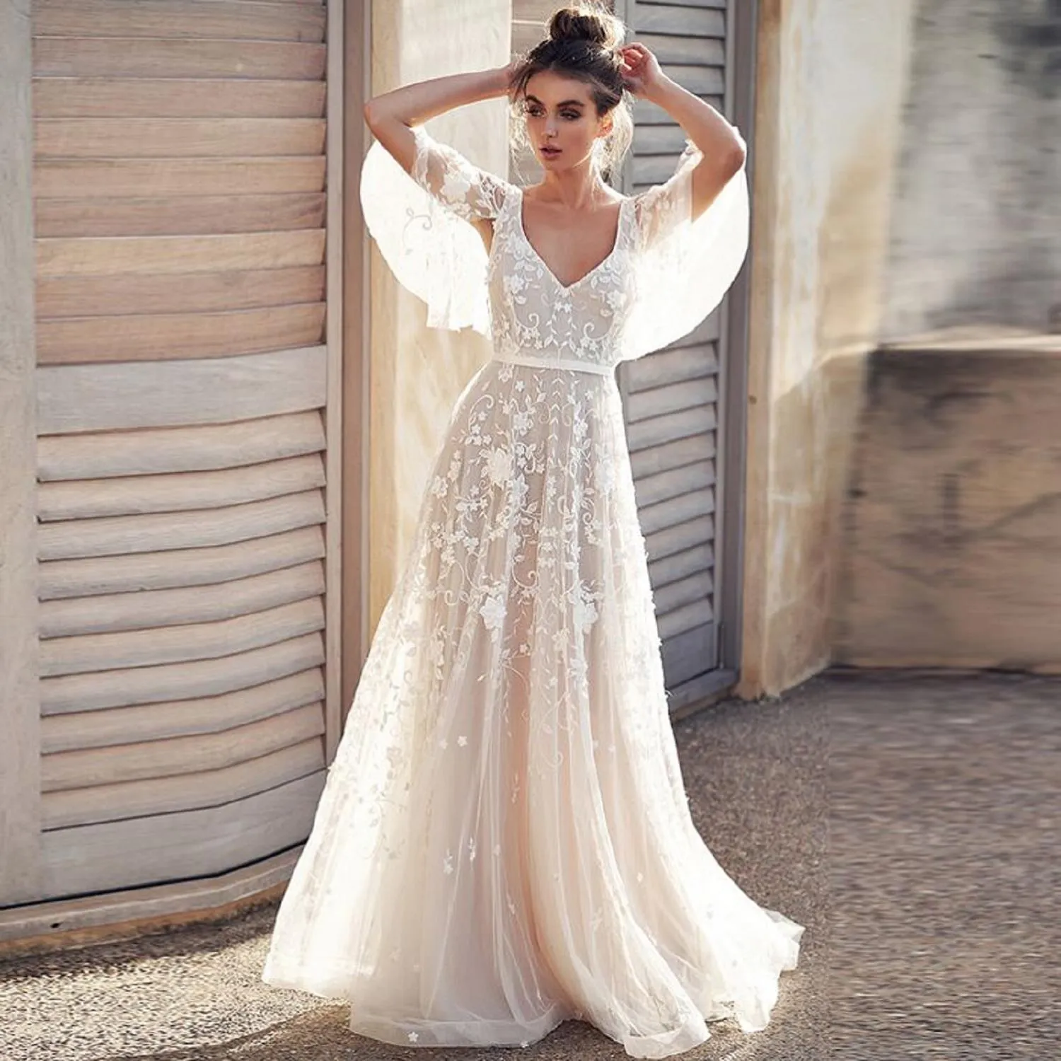 2019 apliques de tul de moda con cuello en v alas sin respaldo vestidos de novia 2019 apliques de tul de moda con cuello en v alas sin respaldo vestidos de novia