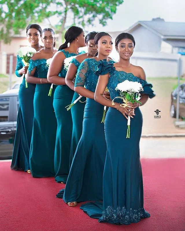 Custom Made Dark Green Lace Peacock Blue Bridesmaid Dresses With