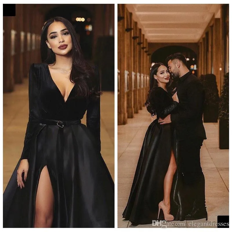 Sexy A-Line Black Prom Dresses Scollo a V Maniche lunghe High Side Split Abito formale Abiti da sera Vestidos De Soiree Plus Size Robe De Mariee