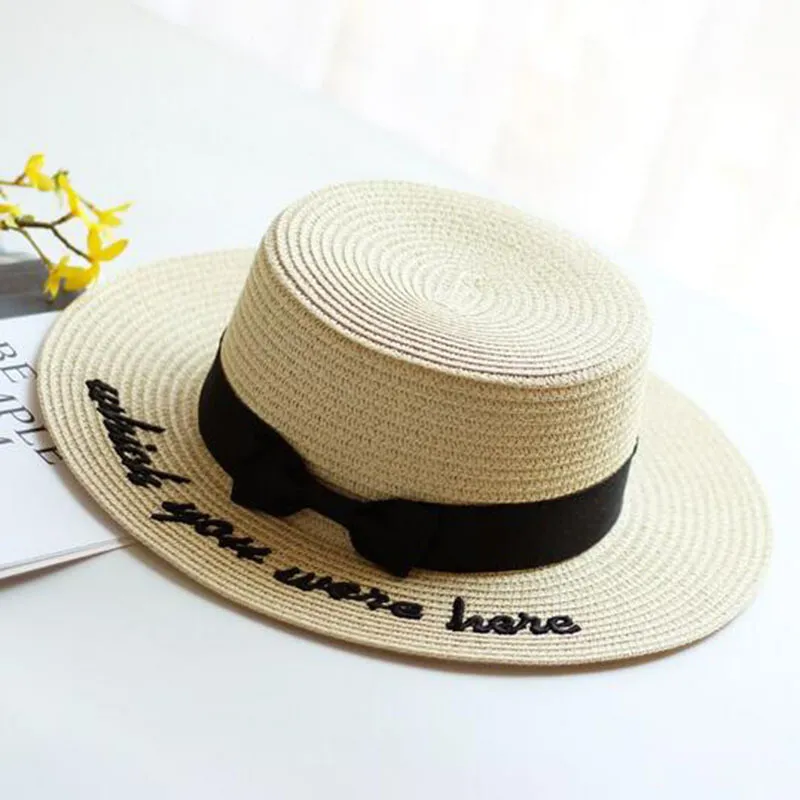 New Summer Sun Hats Women Fashion Girl Straw Hat Ribbon Bow Beach Hat Casual Straw Flat Top Panama Bone Feminino3196