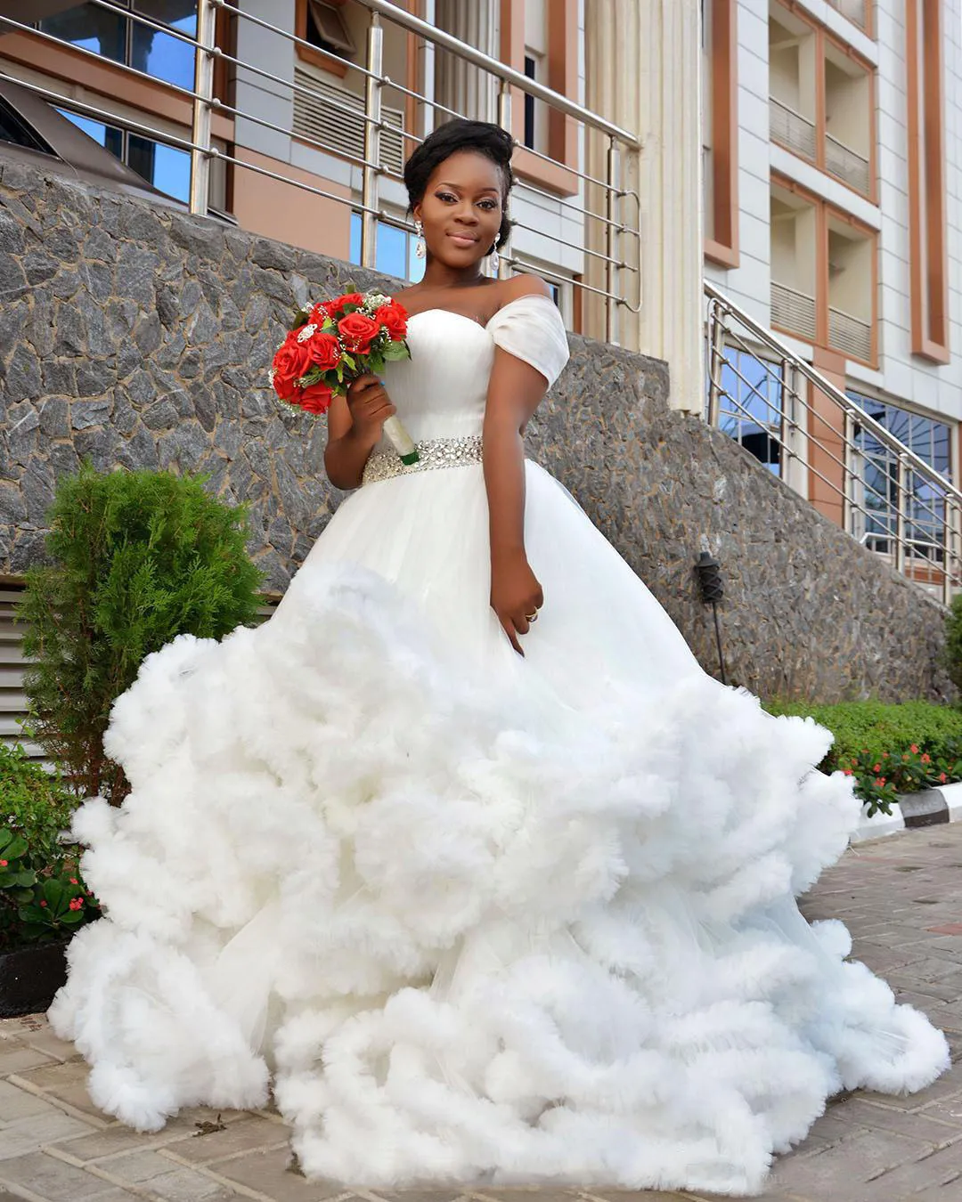 Off Shoulder White Anthropologie Bridal Dresses With Tiered Ruffle Cloud Embellishments And Floor Length Hemline Customizable From Alsenlife 137.75 DHgate.Com