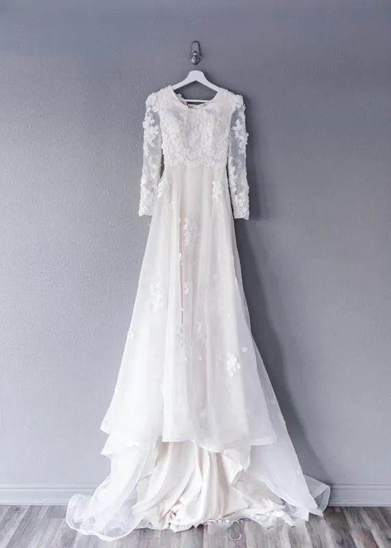 Modest a line wedding with Long Sleeves, Scoop Neck, Champagne Lace Appliques, and Modest LDS Bridal Gown - 2020 New Arrival Modest a line wedding with Long Sleeves, Scoop Neck, Champagne Lace Appliques, and Modest LDS Bridal Gown - 2020 New Arrival
