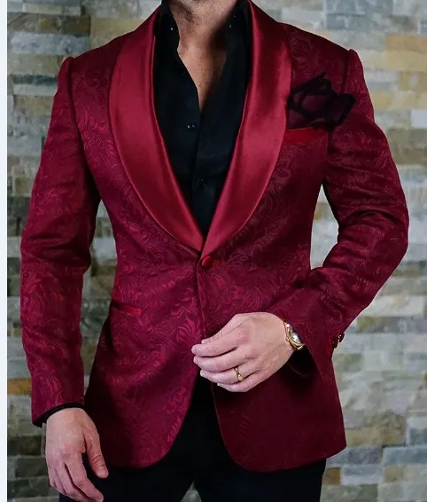 Ny ankomst One Knapp Burgundy Paisley Shawl Lapel Bröllop Brudgum Tuxedos Män Party Groomsmen Passar (Jacka + Byxor + Tie) K31