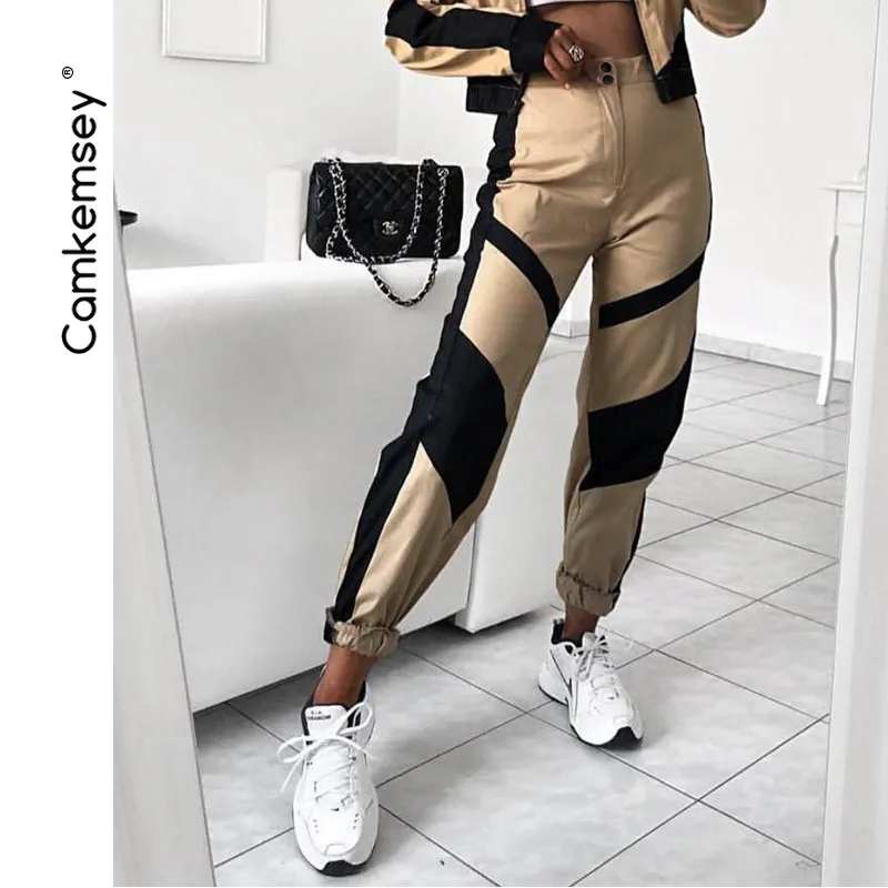 Camkemsey Streetwear Black Patchwork Casual Khaki Cargo Harem Broek voor Dames 2019 Nieuwe Mode Hoge Taille Jogger Joggingbroeken SH190719