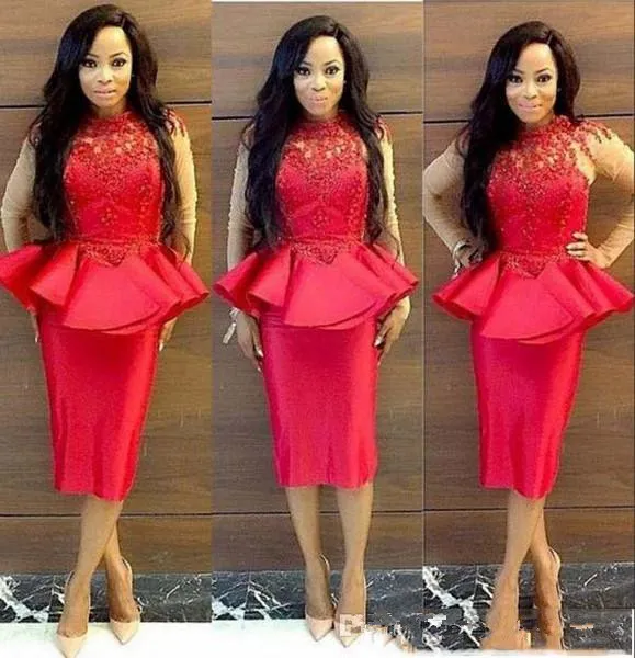 South Africa Red Short Prom Dresses With Peplum High Neck Sheer Long