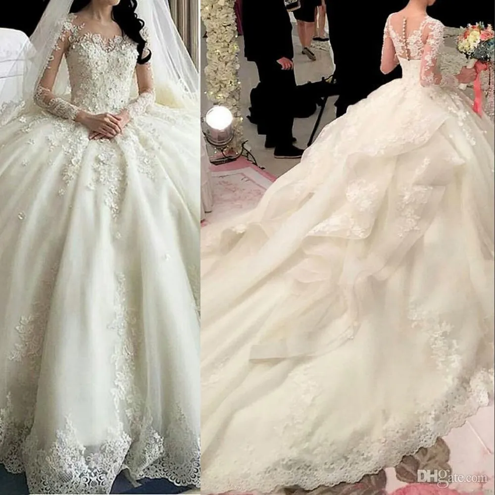 Nouveau luxe robe de bal robes de mariée pure cou manches longues dentelle 3D appliques fleurs cathédrale train à volants plus la taille robes de mariée