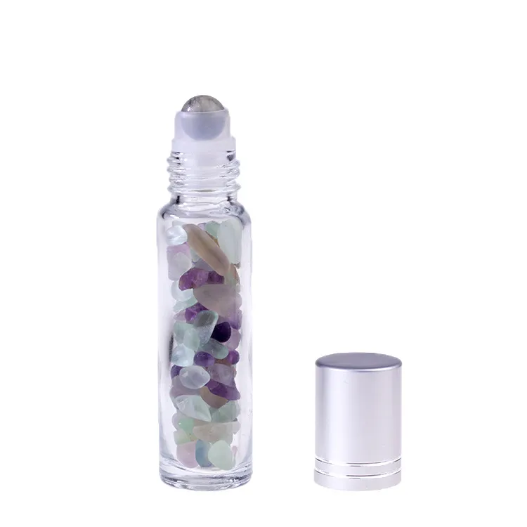 En stock ! Botellas de vidrio enrolladas con gemas de 10 ml, botella de aceite esencial de vidrio transparente, piedras preciosas, lote de 300 unidades