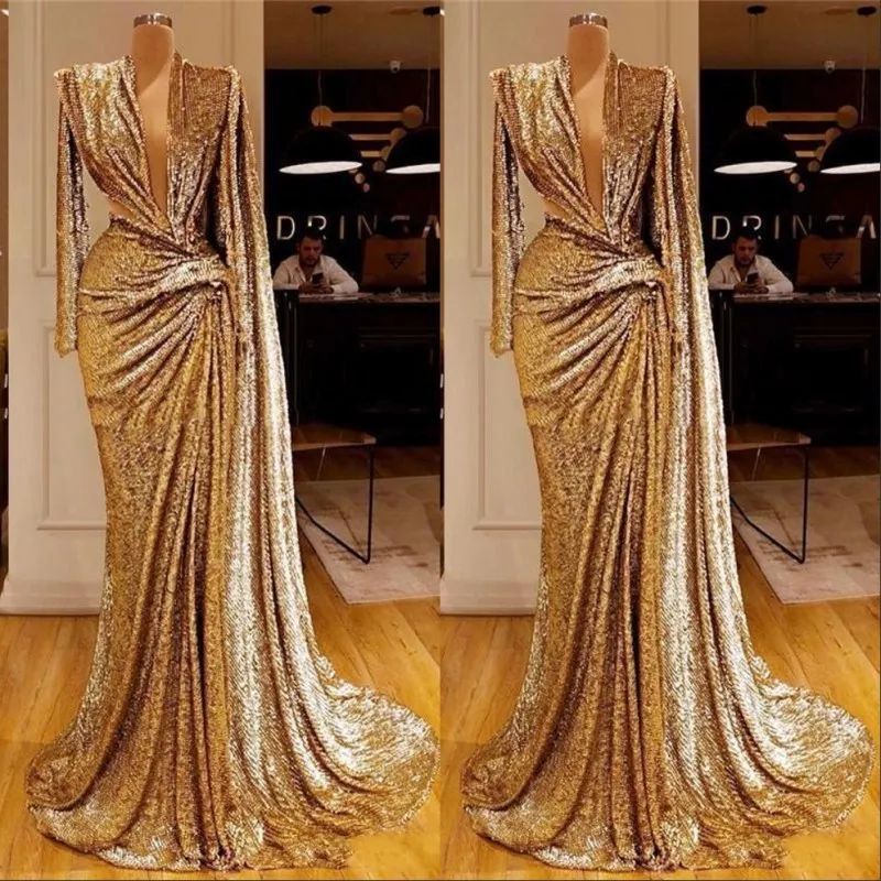 Sexy Deep V-Neck Formal Evening Gowns 2020 Design Saudi Arabic Sequins Prom Party Dress Gown Robe De Soiree Sexy Deep V-Neck Forma263Y