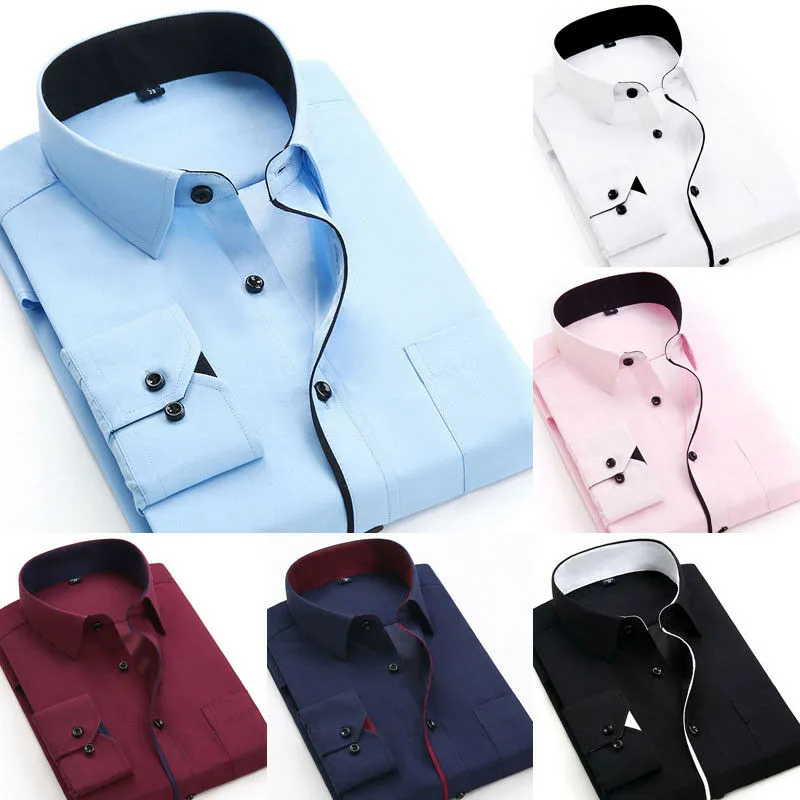 2020 nouveaux hommes à manches longues chemise boutonné travail d'affaires Smart robe formelle chemises haut à la mode mâle coupe ajustée chemise décontractée Tops245n
