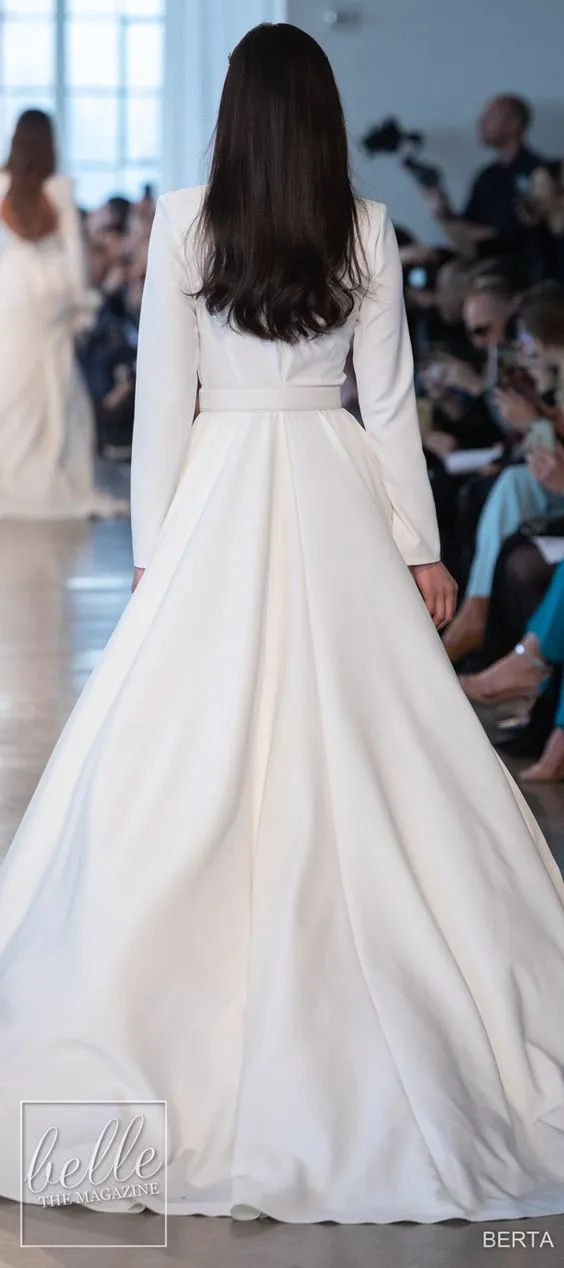 Berta 2023 Long Sleeve Wedding Pantsuit With Train Full Back V Neck Matte Stain Customizable Bridal Long Sleeve Jumpsuit Formal Gown From Alegant lady 135.11 DHgate.Com