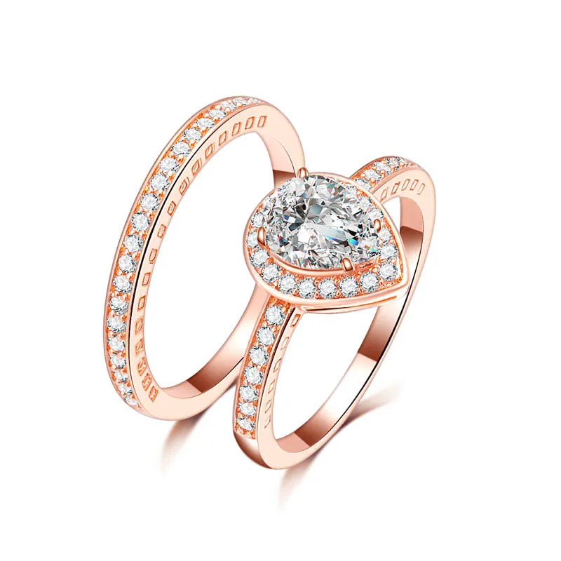 Design de mode femmes mariage arc-en-ciel couple coeur 4ct zircon rose or rempli bague de fiançailles ensemble alliance en gros