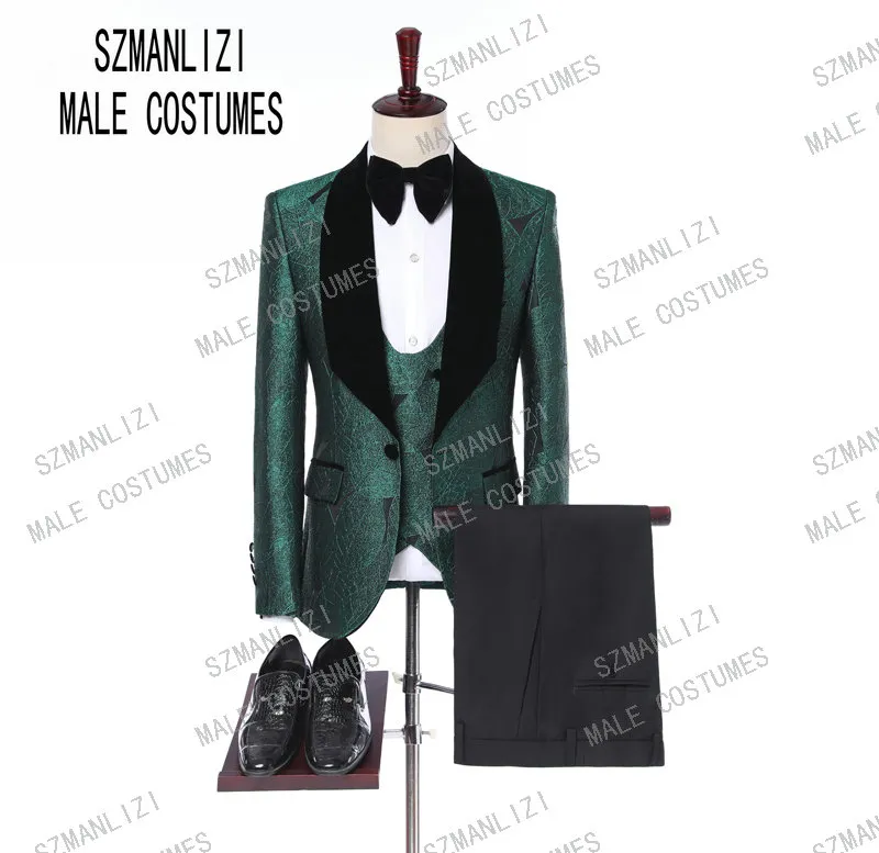 Traje de hombre 2019 رجال العريسان الرجال دعوى يتأهل 3 قطعة الأخضر يترك الأزياء تصميم العريس اللباس حزب الدعاوى الزفاف سهرة