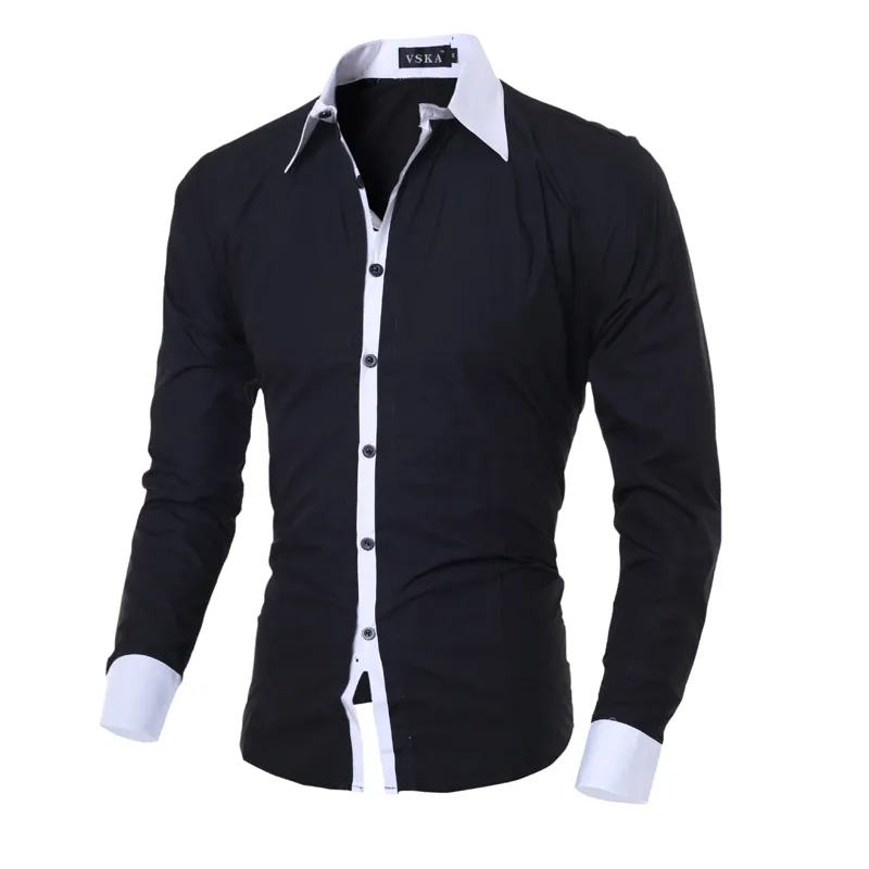 Camisa dos homens Preto Branco Camisas de Manga Longa Masculina Casual Sólidos Multi-Botão Hit Cor Slim Fit Camisas de Vestido M-2XL