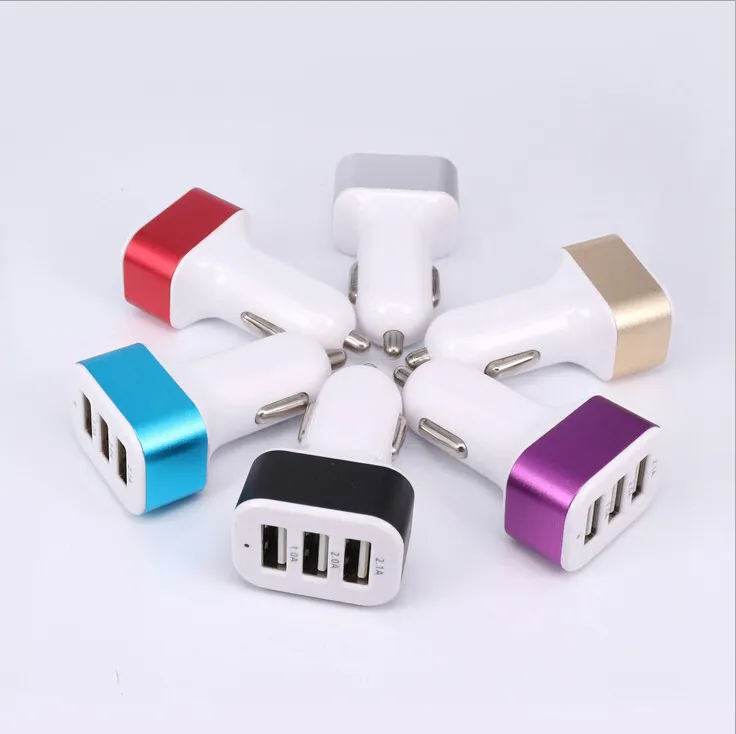 3 USB Car Charger Metal Alloy 5V 1A Charging Adapter Universal for smart phone 200pcs/lot