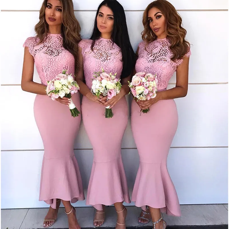 Mode Lace Appliques Mermaide Bridesmaid Dresses Unik Design Neck Maid of Honor Gowns