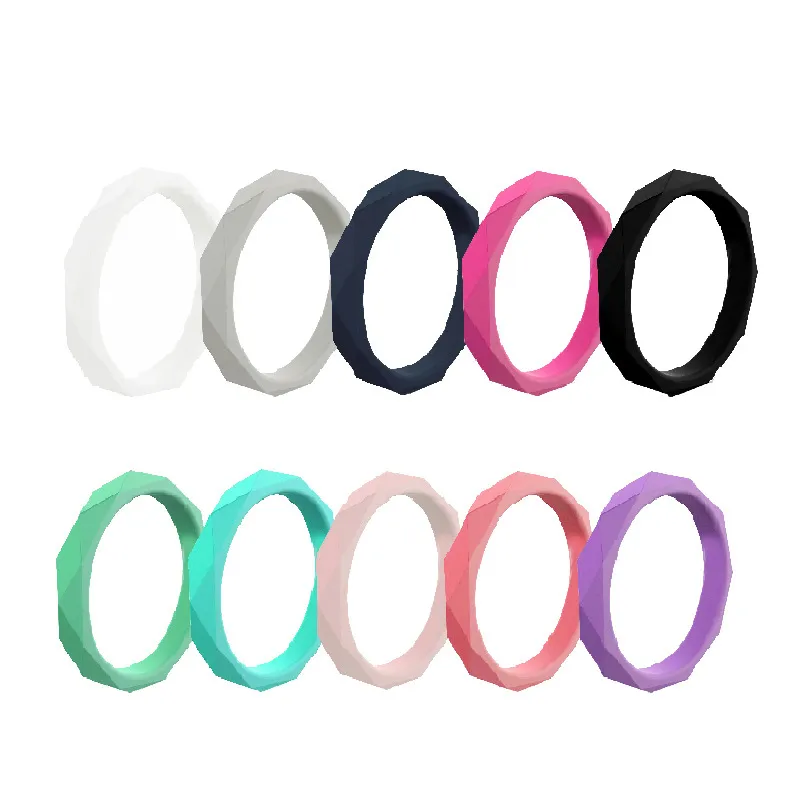 Silicone Ring Bröllop Band Män Kvinnor 3mm Rhombus Tunna Hammered Aktiv Gym Flexibel Gummi Ringar Multi Färger