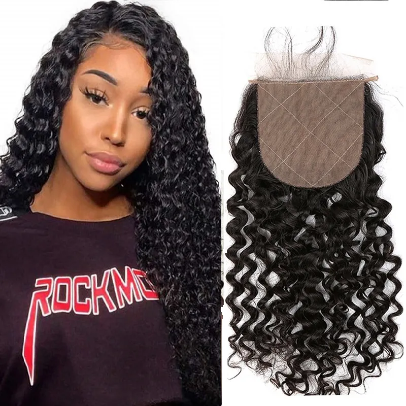 Greatemy Silk Base Closure Brasilianska Virgin Hair Deep Curly Wave Gratis Del Top Lace Closure Blad Knots Naturfärg Fast Frakt