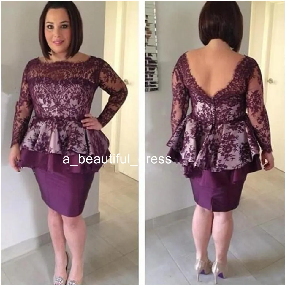 Vintage Lace Purple Mother of the Bride Dresses Long Sleeves Plus Size Knee Length Mother Evening Gowns Formal Mom Wear ED1190