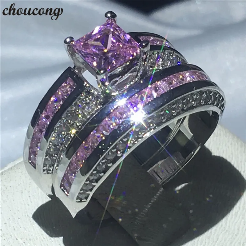 Choucong Romantic Engagement Wedding Band Ring Set Princess Cut Diamond 10kt Wit Gold Gevuld Ringen voor Dames Mannen Sieraden