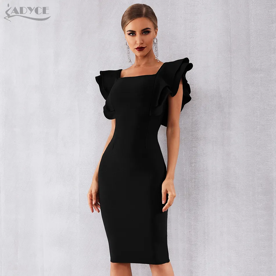 ADYCE 2019 Nieuwe Aankomst Zomer Vrouwen Celebrity Party Bandage Jurk Vestido Sexy Zwart Ruffles Butterfly Sleeve Bodycon Club Jurk Y19051102