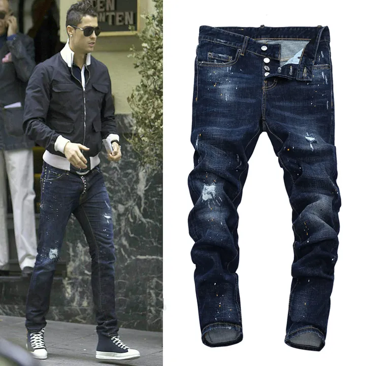 Calça jeans masculina azul lixívia, arrumada, motociclista, mancha de pintura, danos, ajuste fino, angustiado