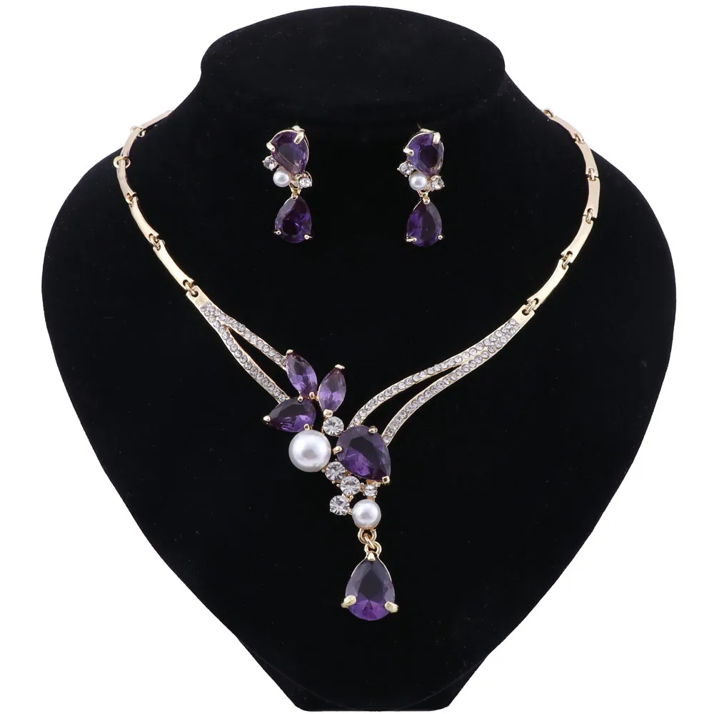 Purple Waterdrop Appearance Zirconia Charming Costume Accessories Earrings And Necklace Imitation Pearls Wedding Party Jewelry Sets