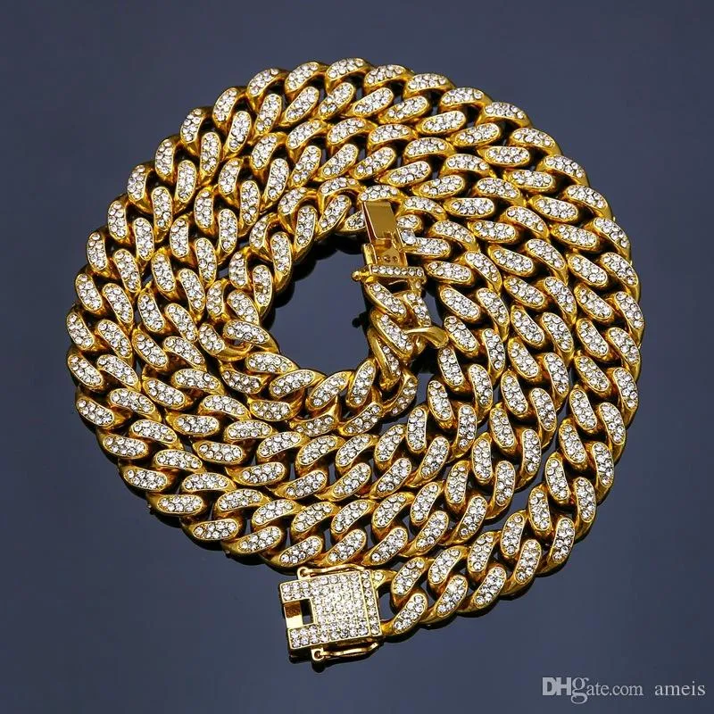 Iced out kedjor för män med rhinestone och kvinnor designer guld halsband mens hip hop bling kedjor smycken män kubanska länk rostfritt stål