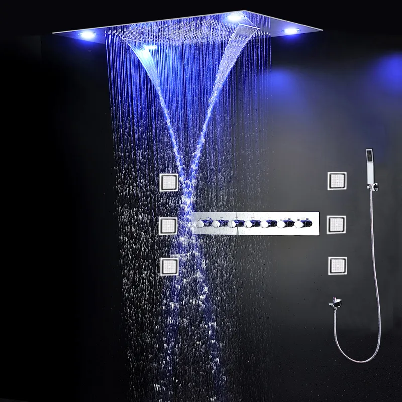 Robinets de douche de salle de bain Pommeau de douche à brume cascade monté au plafond Ensemble de douche à LED à grande pluie Thermostatique à haut débit avec jet de massage pour le corps