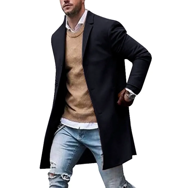 Litthing Ny män Trenchcoat Höst Slim Fit Pea Wool Jacka Kappa Herr Långa rockar Ren färg Modeöverrockar Casaco Masculino T200102