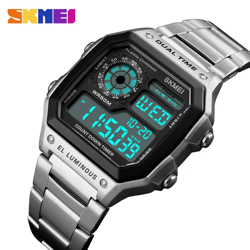 SKMEI Top Luxury Fashion Sport Watch Men bar Relógios à prova d'água Pulseira de aço inoxidável Digital Reloj Hombre