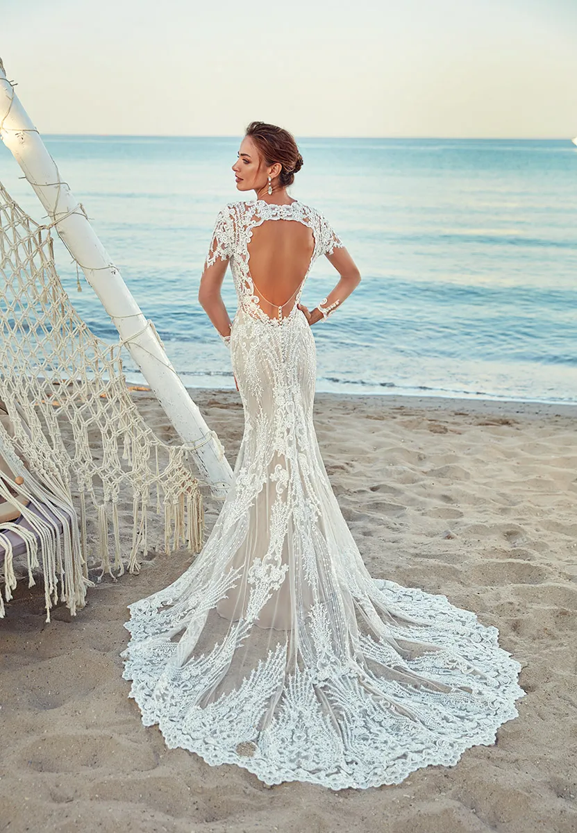 2019 Eddy K Robes De Mariée Sirène Jewel Neck Dos Creux Dentelle Appliqued Balayage Train Robe De Mariée De Plage À Manches Longues Robe De Mari231V