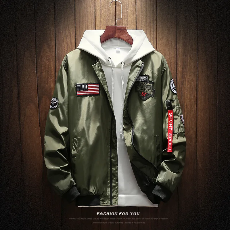 Veste bombardier pour hommes, mode drapeau américain, Patch, veste de pilote, rubans, fermeture éclair, poche, uniforme de Baseball, manteau masculin