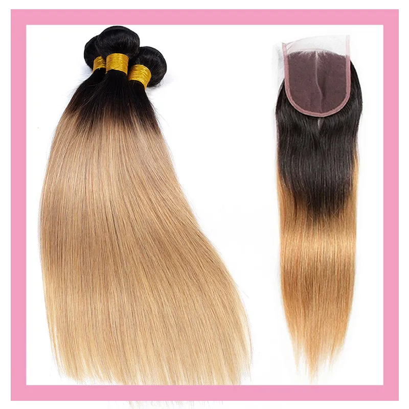 Extensões de cabelo virgem brasileiro 1B/27 Ombre cabelo humano 3 pacotes com fechamento de renda 4X4 em linha reta 4 peças/lote 1B 27 produtos de cabelo