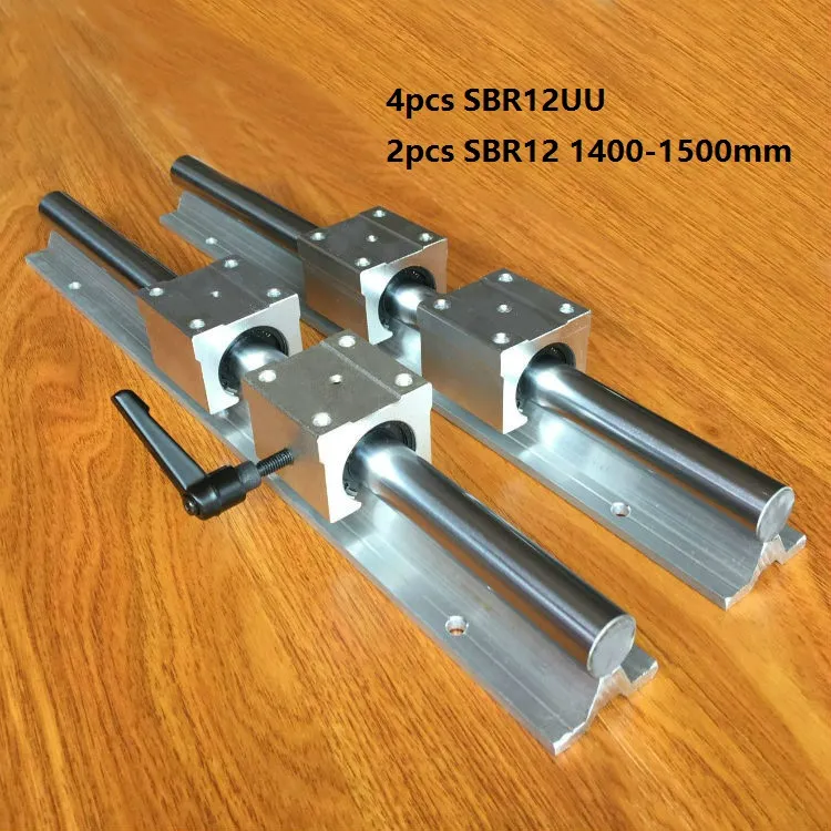 2 pcs SBR12 1400mm / 1500mm guia de trilho de suporte ferroviário linear + 4 pcs SBR12UU blocos de rolamento linear para CNC router peças