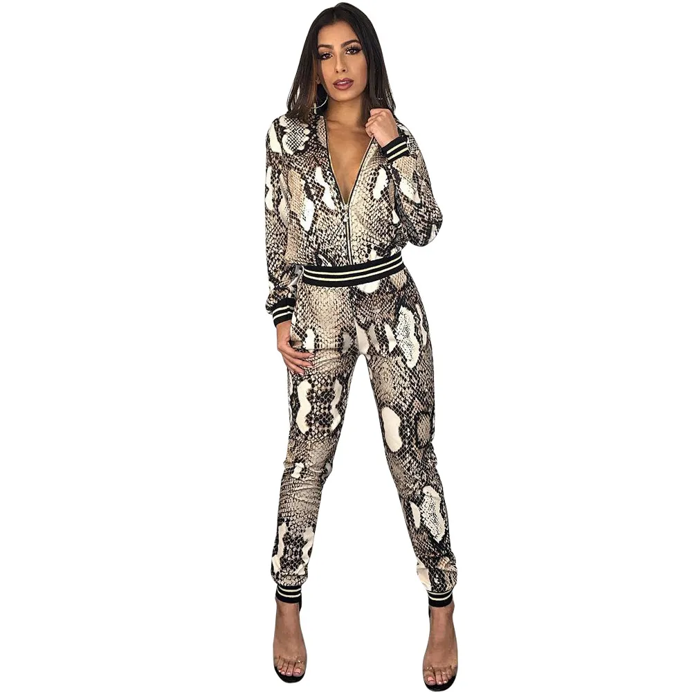 European and American women's fashion Slim fit python snake print set two-piece Coat Leggings Body-con Outfit