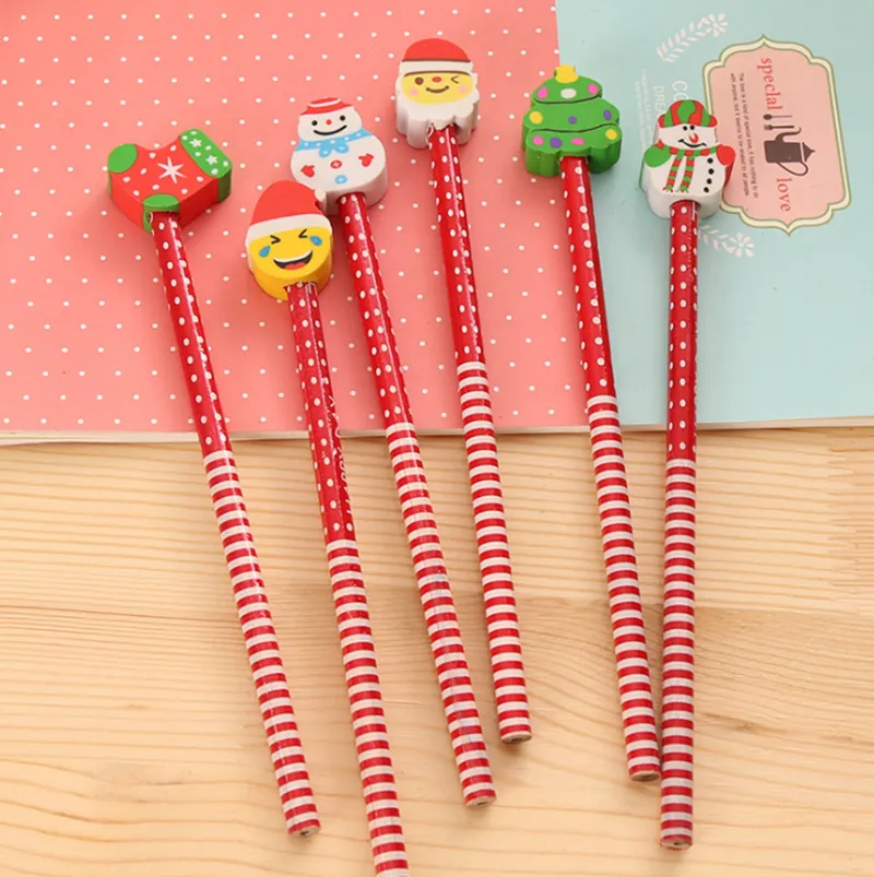 Wooden Pencil Rubber Merry Christmas Gift for Kids Santa Tree Deer Pencils Office School Supplies