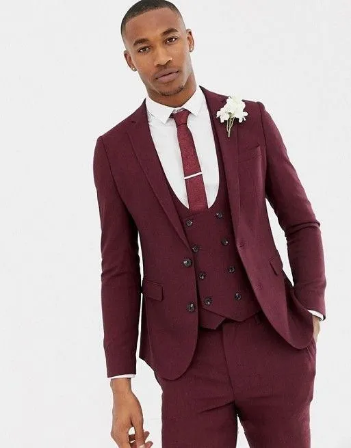 Two Buttons Burgundy Formal Wedding Men Suits Notch Lapel New Three Pieces Business Groom Tuxedos (Jacket+Pants+Vest+Tie) W936