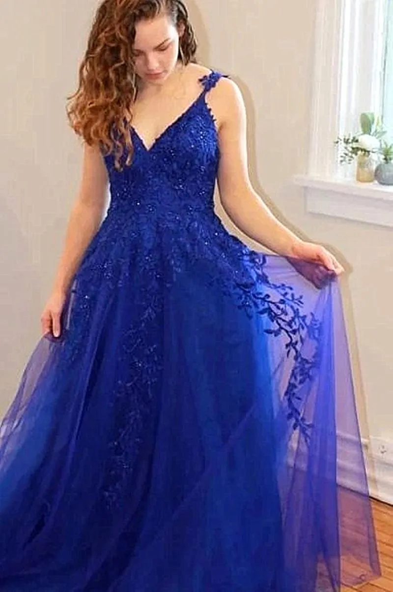 Na zamówienie Królewskie Blue Tiul Appliques Sukienki balowe długie sukienki wieczorowe z kieszenią otwartą tylną linię Suknie imprezowe
